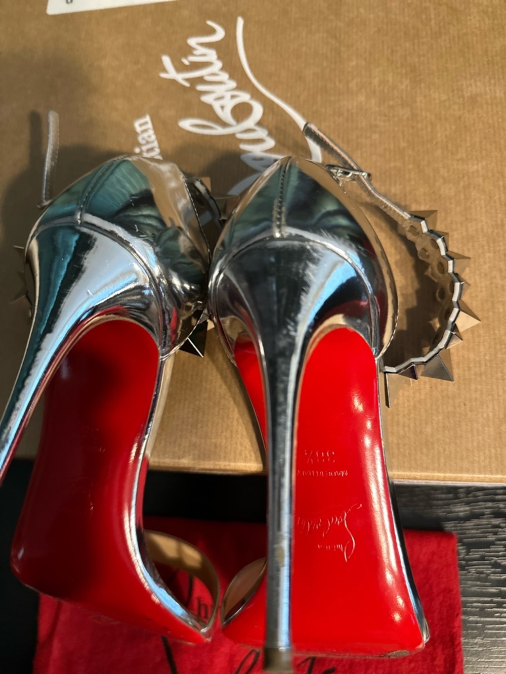 Christian Louboutin Metallic Silver Studded Ankle-Strap Heels - Picture 3 of 8